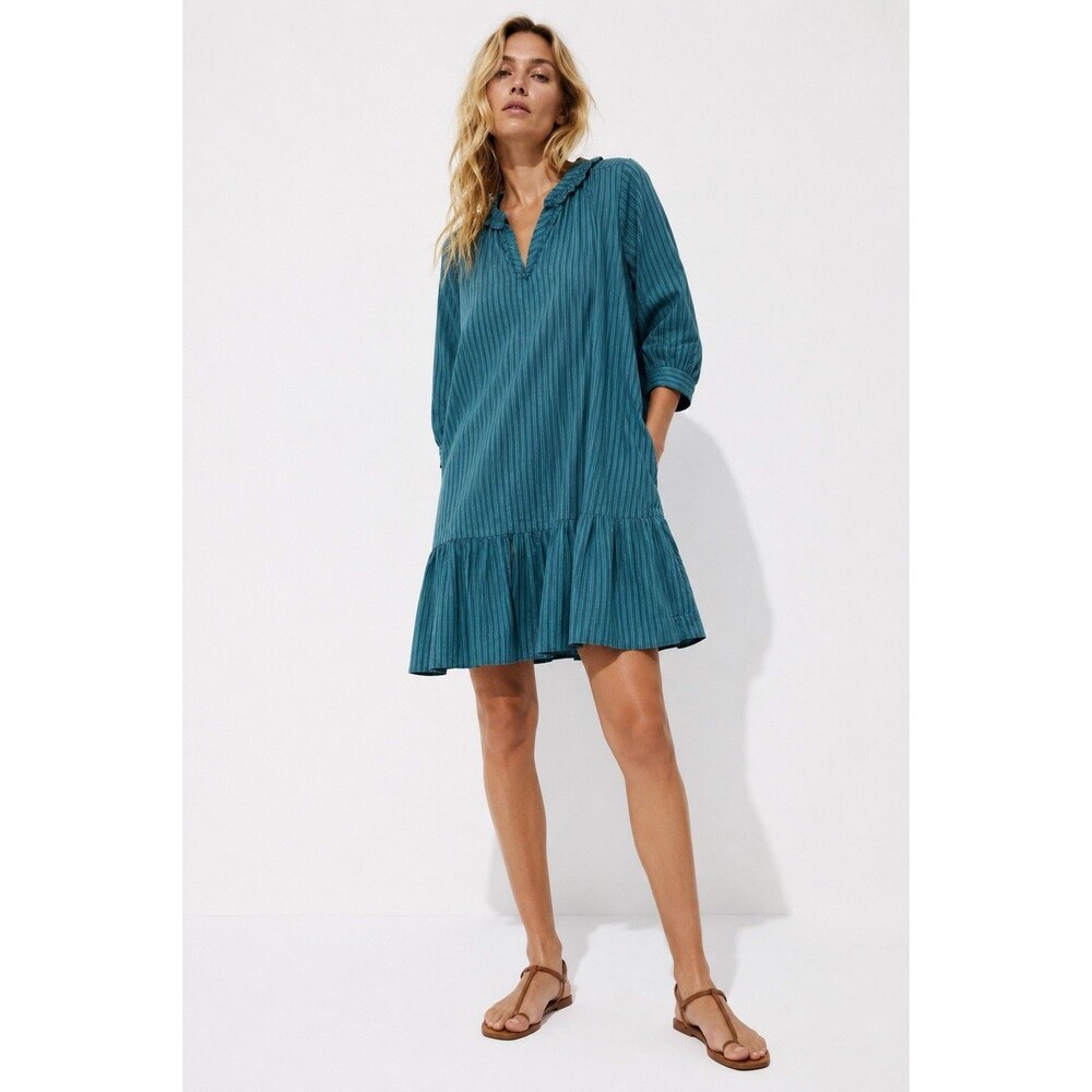 Free Assembly Striped Cotton Ruffle Hem Shift Dress Teal Blue Green Large
